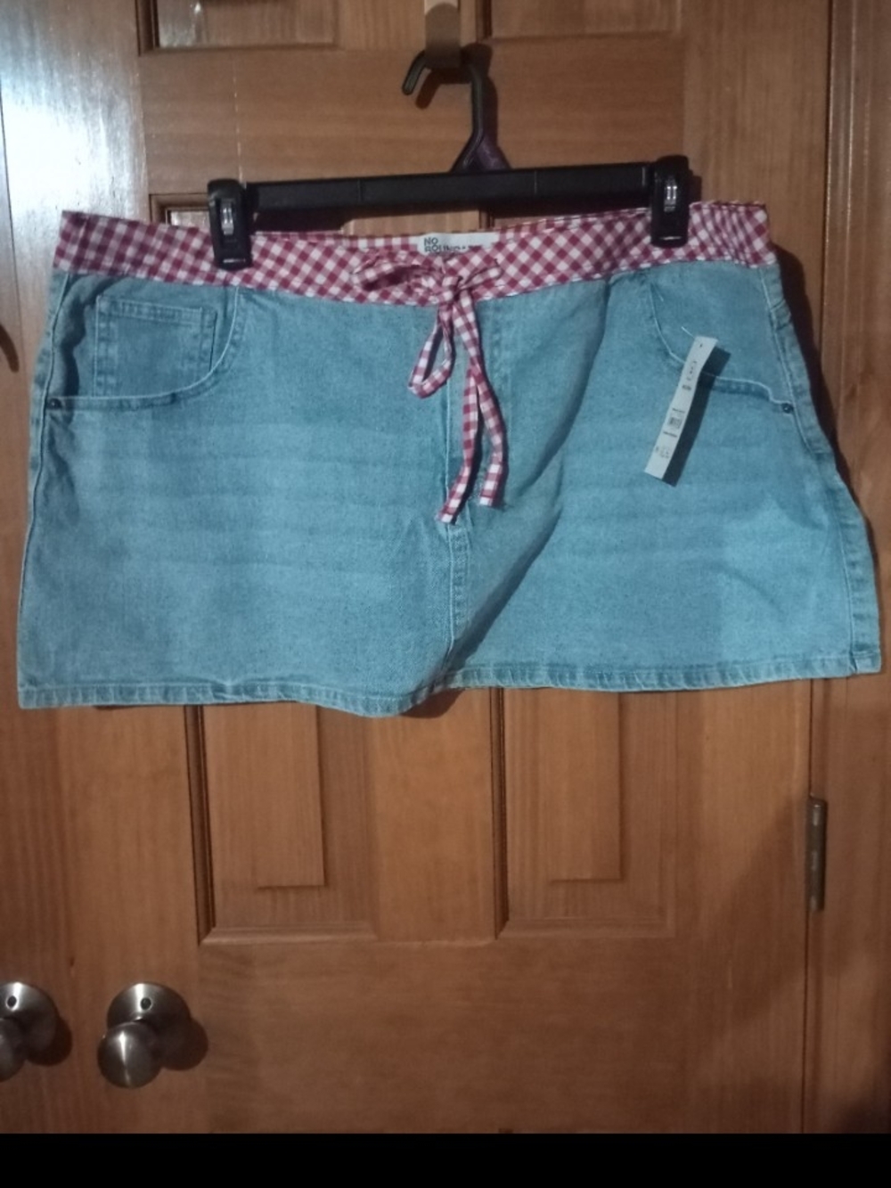 No Boundaries Light Blue Denim Mini Skirt with Red Gingham Waist Tie